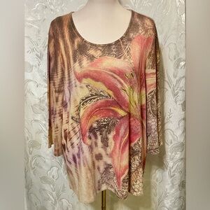 Chicos 3/4 Sleeve Metallic Floral Round Neckline Top